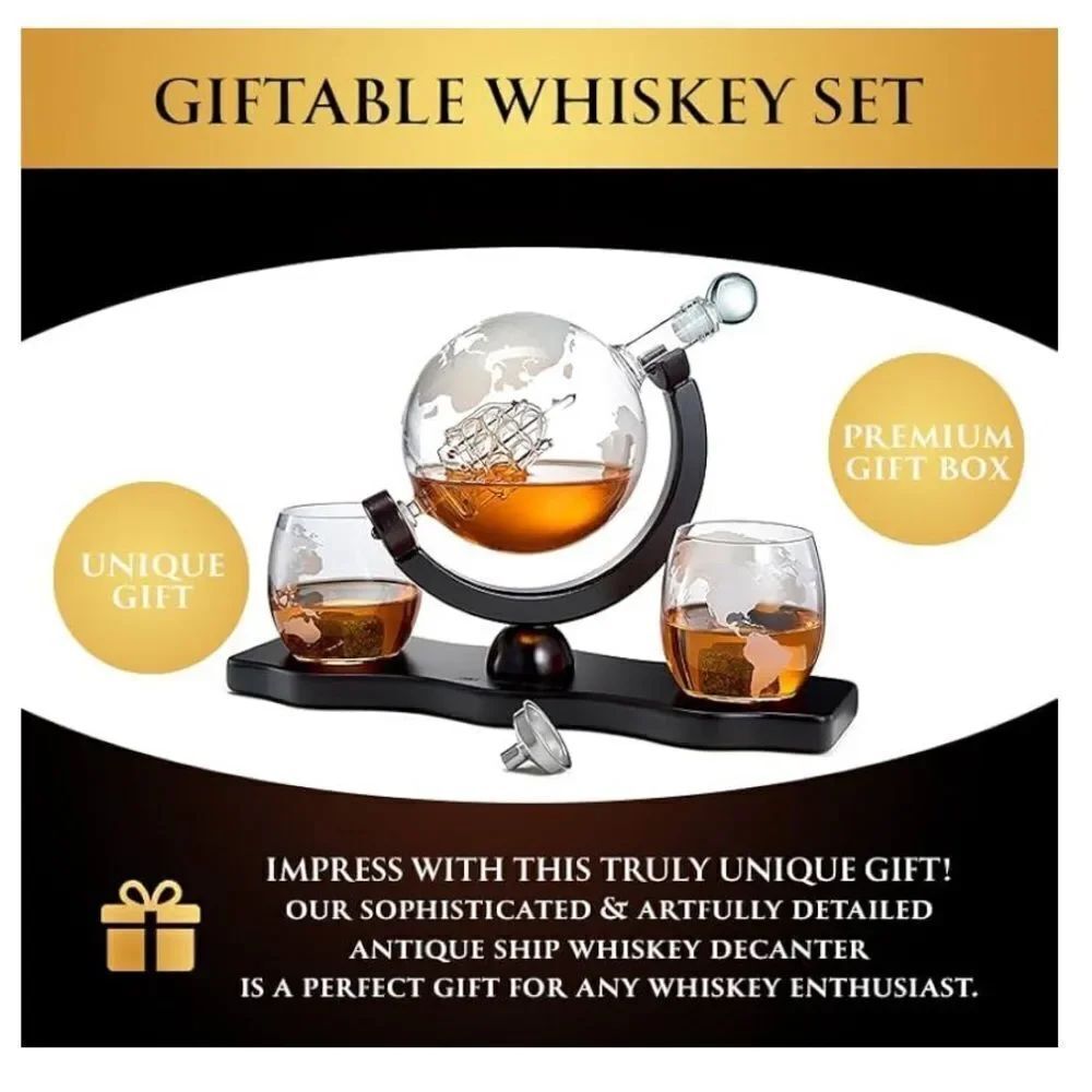 The Wine Savant Whiskey Decanter Globe Set with 2 Etched Whiskey Glasses